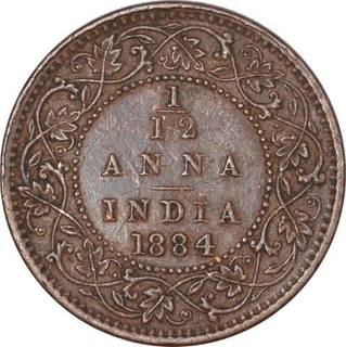 Copper One Twelfth Anna Coin of Victoria Empress of Bombay Mint of 1884.