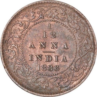 Copper One Twelfth Anna Coin  of Victoria Empress of Calcutta Mint of 1886.