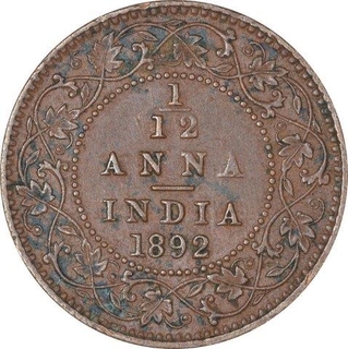 Copper One Twelfth Anna Coin  of Victoria Empress of Calcutta Mint of 1892.