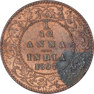 Copper One Twelfth Anna Coin of Victoria Empress of Calcutta Mint of 1897.