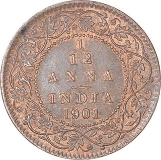 Copper One Twelfth Anna Coin of Victoria Empress of Calcutta Mint of 1901.