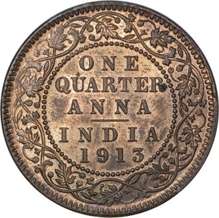 Bronze Quarter Anna Coin of King George V of Calcutta Mint of 1913.