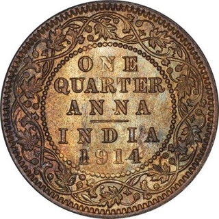 Bronze Quarter Anna Coin of King George V of Calcutta Mint of 1914.