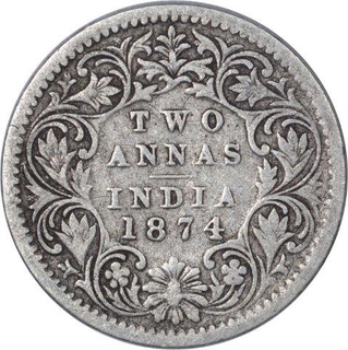 Silver Two Annas Coin of Victoria Queen of Bombay Mint of 1874.