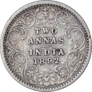 Silver Two Annas Coin of Victoria Empress of Bombay Mint of 1892.