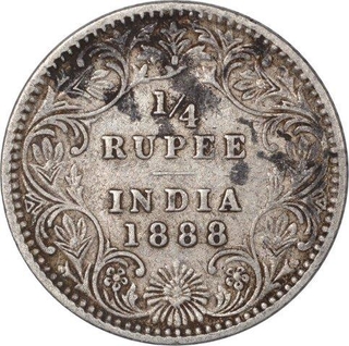 Silver Quarter Rupee Coin of Victoria Empress of Bombay Mint of 1888.