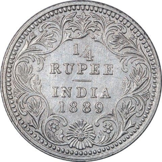 Silver Quarter Rupee Coin of Victoria Empress of Calcutta Mint of 1889.