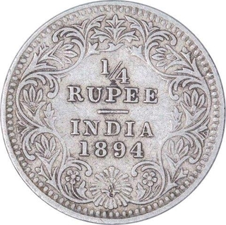 Silver Quarter Rupee Coin of Victoria Empress of Calcutta Mint of 1894.