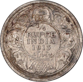 Silver Quarter Rupee Coin of King George V of Calcutta Mint of 1913.