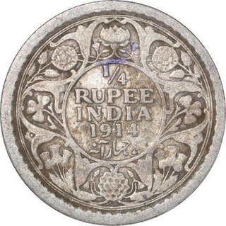 Silver Quarter Rupee coin of King George V of Calcutta Mint of 1914.