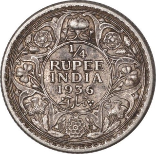 Silver Quarter Rupee Coin of King George V of Calcutta Mint of 1936.