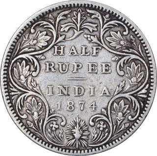 Silver Half Rupee Coin of Victoria Queen of Bombay Mint of 1874.