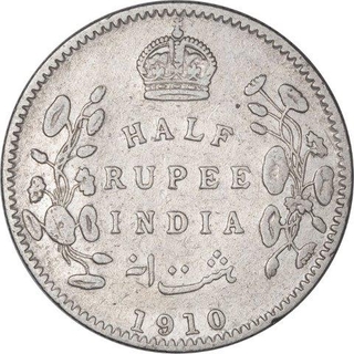 Silver Half Rupee Coin of King Edward VII of Calcutta Mint of 1910.