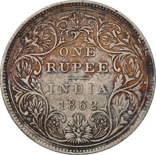 Silver One Rupee Coin  of Victoria Queen of Bombay Mint 1862.