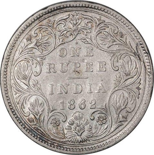 Silver One Rupee Coin  of Victoria Queen of Bombay Mint of 1862.