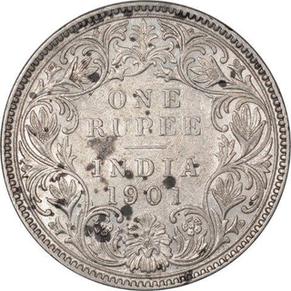 Silver One Rupee Coin of Victoria Empress of Bombay Mint of 1901.