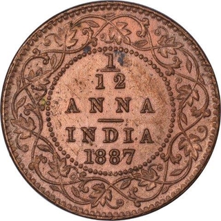 Copper One Twelfth Anna Coin of Victoria Empress of Calcutta Mint of 1887.