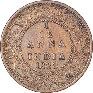 Copper One Twelfth Anna Coin of Victoria Empress of Bombay Mint of 1888.