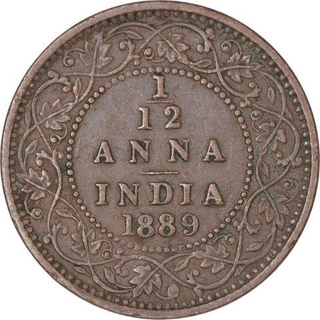 Copper One Twelfth Anna Coin of Victoria Empress of Calcutta Mint of 1889.