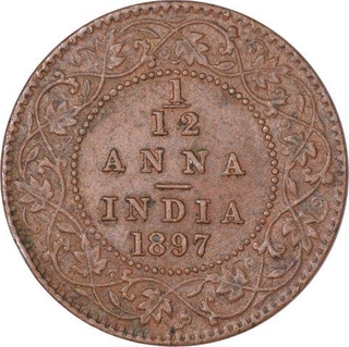 Copper One Twelfth Anna Coin of Victoria Empress of Calcutta Mint of 1897.