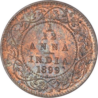 Copper One Twelfth Anna Coin of Victoria Empress of Calcutta Mint of 1899.