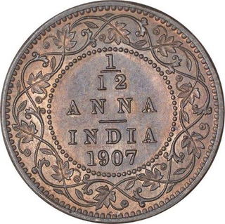 Bronze One Twelfth Anna Coin of King Edward VII of Calcutta Mint of 1907.