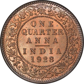 Bronze One Quarter Anna Coin of King George V of Calcutta Mint of 1928.