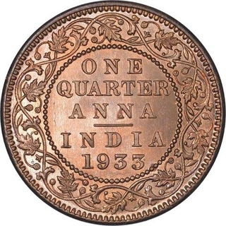 Bronze One Quarter Anna Coin of King George V of Calcutta Mint of 1933.