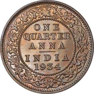 Bronze One Quarter Anna Coin of King George V of Calcutta Mint of 1934.