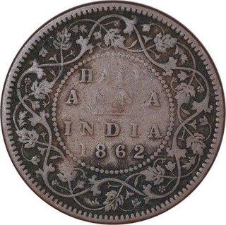 Rare Copper Half Anna Coin of Victoria Queen of Calcutta Mint of 1862.