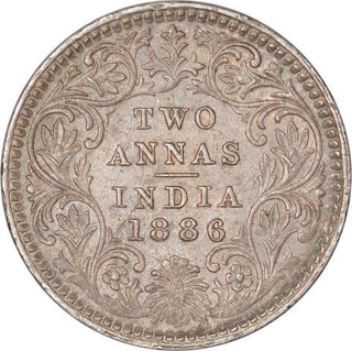 Silver Two Annas Coin of Victoria Empress of Calcutta Mint of 1886.