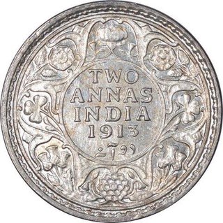 Silver Two Annas Coin of King George V of Calcutta Mint of 1913.