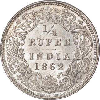 Silver Quarter Rupee Coin of Victoria Queen of Calcutta Mint of 1862.