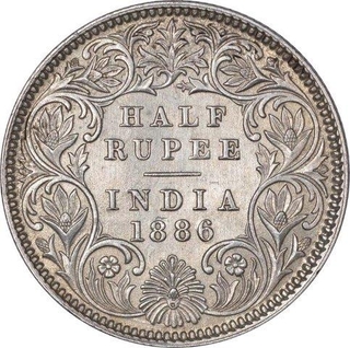 Silver Half Rupee Coin of Victoria Empress of Calcutta Mint of 1886.