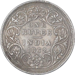 Silver One Rupee Coin of Victoria Queen of Bombay Mint of 1862.