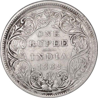 Silver One Rupee Coin of  Victoria Queen Of Bombay Mint of 1862.