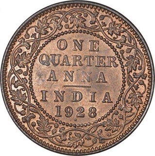 Bronze  One Quarter Anna Coin of King George V of Bombay Mint of 1928.