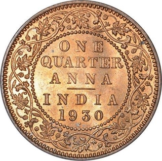 Bronze One Quarter Anna Coin of King George V of Bombay Mint of 1930.