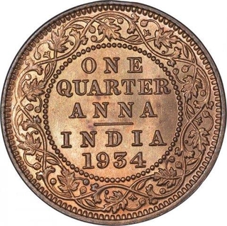 Bronze One Quarter Anna Coin of King George V of Calcutta Mint of 1934.