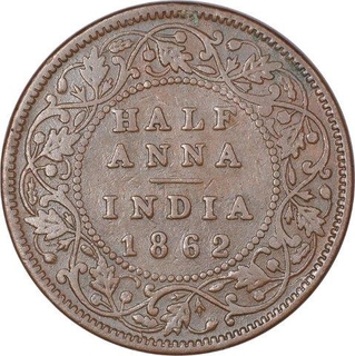 Copper Half Anna Coin of Victoria Queen of Bombay Mint of 1862.