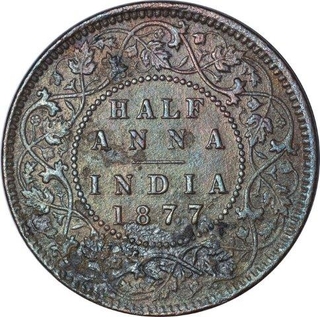 Copper Half Anna Coin of Victoria Empress of Calcutta Mint of 1877.