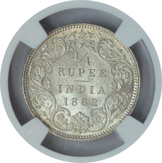 Silver Quarter Rupee Coin of Victoria Queen of Calcutta Mint of 1862.