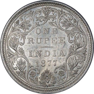 Silver One Rupee Coin of Victoria Empress of Bombay Mint of 1877.