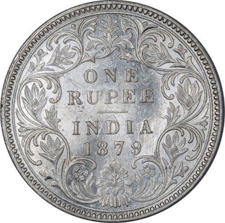 Silver One Rupee Coin of Victoria Empress of Bombay Mint of 1879.