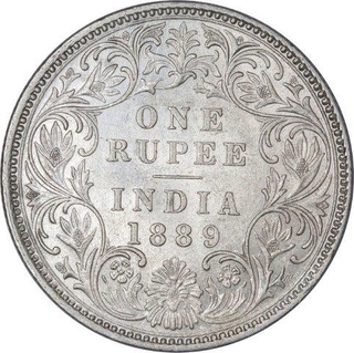 Silver One Rupee Coin of Victoria Empress of Bombay Mint of 1889.