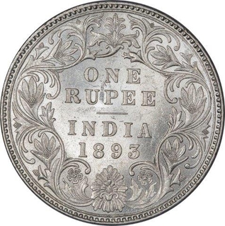 Silver One Rupee Coin of Victoria Empress of Bombay Mint of 1893.