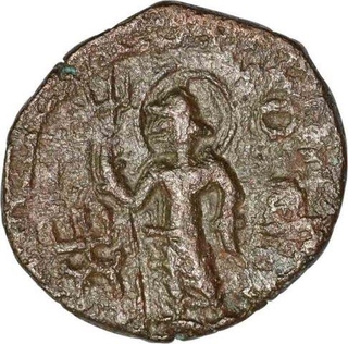 Rare Copper Half Stater Coin of Kanishka I of Urdhava Linga Shiva Type of Kushana Dynasty.