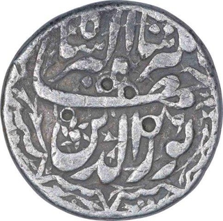 Silver One Rupee Coin of Jahangir of Lahore Mint of Ardibihisht Month.