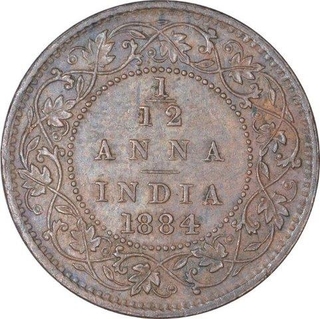 Copper One Twelfth Anna Coin of Victoria Empress of Bombay Mint of 1884.