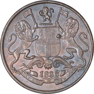 Copper One Quarter Anna Coin of East India Company of Calcutta Mint of 1835.